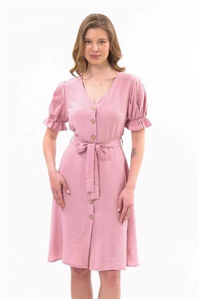 Apsen  Kadın Pudra Kuşaklı Düğmeli Yeni Sezon V Yaka Elbise 4366-115