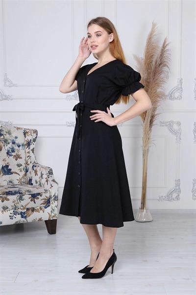 Apsen  Kadın Siyah Kuşaklı Düğmeli Yeni Sezon V Yaka Elbise 4366-115