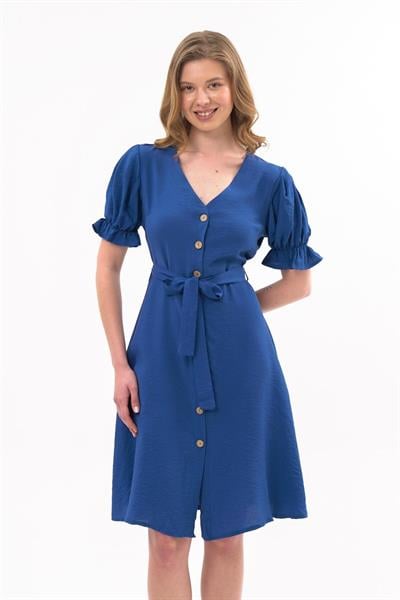 Apsen  Kadın Saks Kuşaklı Düğmeli Yeni Sezon V Yaka Elbise 4366-115