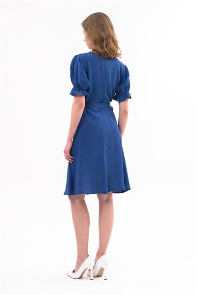 Apsen  Kadın Saks Kuşaklı Düğmeli Yeni Sezon V Yaka Elbise 4366-115