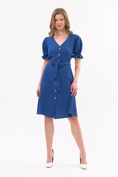 Apsen  Kadın Saks Kuşaklı Düğmeli Yeni Sezon V Yaka Elbise 4366-115