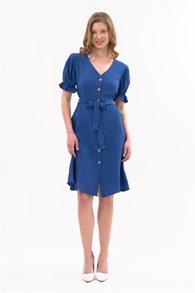 Apsen  Kadın Saks Kuşaklı Düğmeli Yeni Sezon V Yaka Elbise 4366-115