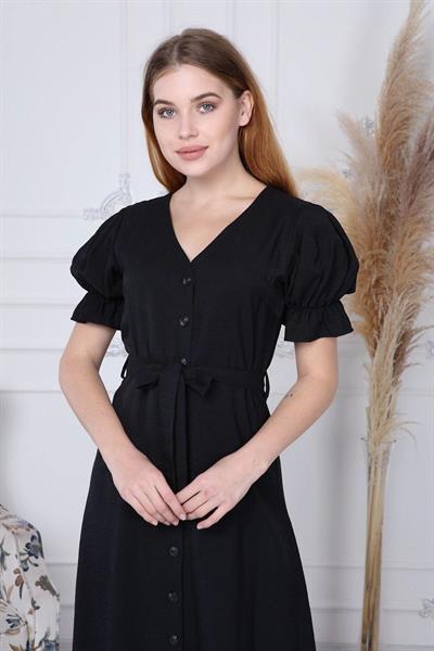 Apsen  Kadın Siyah Kuşaklı Düğmeli Yeni Sezon V Yaka Elbise 4366-115