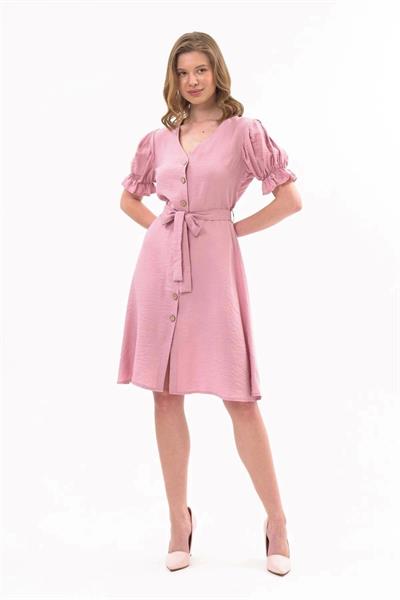 Apsen  Kadın Pudra Kuşaklı Düğmeli Yeni Sezon V Yaka Elbise 4366-115