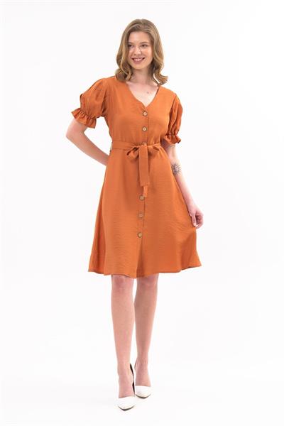 Apsen  Kadın Kiremit Kuşaklı Düğmeli Yeni Sezon V Yaka Elbise 4366-115