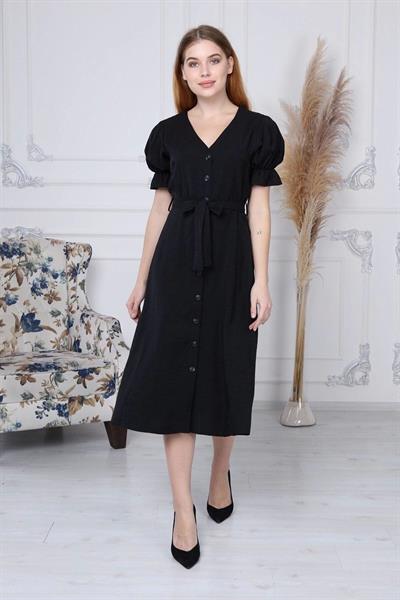 Apsen  Kadın Siyah Kuşaklı Düğmeli Yeni Sezon V Yaka Elbise 4366-115