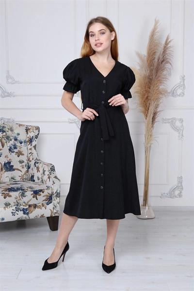 Apsen  Kadın Siyah Kuşaklı Düğmeli Yeni Sezon V Yaka Elbise 4366-115