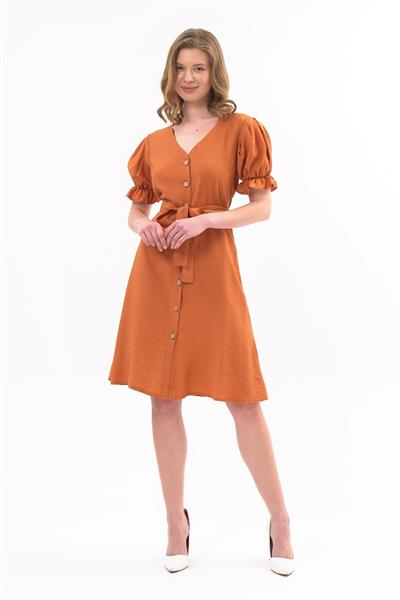 Apsen  Kadın Kiremit Kuşaklı Düğmeli Yeni Sezon V Yaka Elbise 4366-115