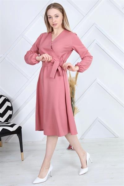 Apsen Kadın Gül Kurusu Bağlama Detaylı Kruvaze Yaka Midi Boy Elbise 4338-110