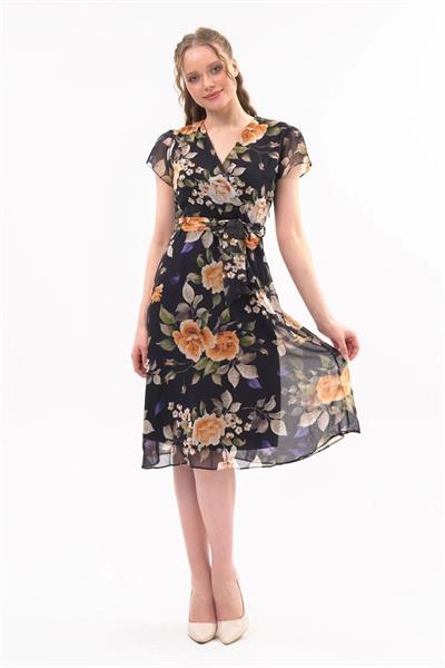 Apsen Kadın Renk Hardal Bağlama Detaylı Kruvaze Yaka Midi Boy Desenli Şifon Elbise 4300-110 