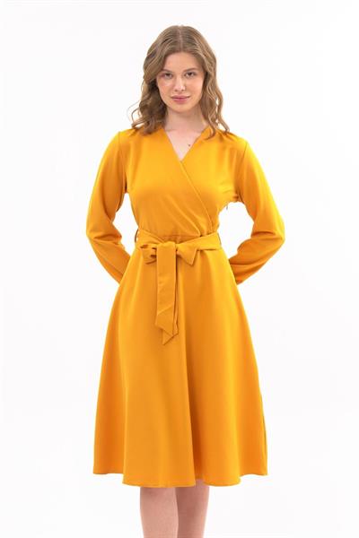 Apsen Kadın Hardal Bağlama Detaylı Kruvaze Yaka Midi Boy Elbise 4338-110