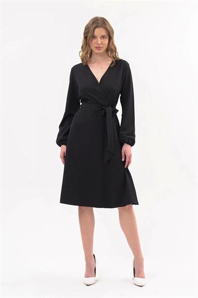 Apsen Kadın Siyah  Bağlama Detaylı Kruvaze Yaka Midi Boy Elbise 4338-110