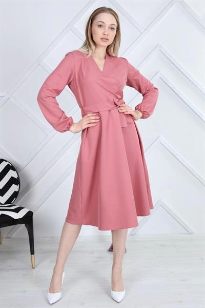 Apsen Kadın Gül Kurusu Bağlama Detaylı Kruvaze Yaka Midi Boy Elbise 4338-110