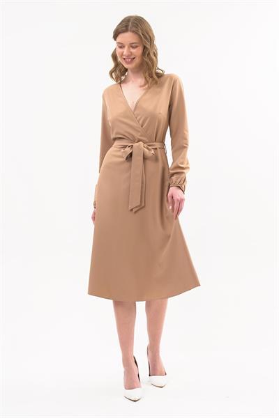 Apsen Kadın Camel Bağlama Detaylı Kruvaze Yaka Midi Boy Elbise 4338-110