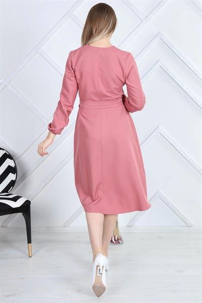 Apsen Kadın Gül Kurusu Bağlama Detaylı Kruvaze Yaka Midi Boy Elbise 4338-110