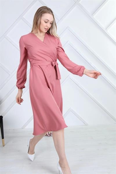 Apsen Kadın Gül Kurusu Bağlama Detaylı Kruvaze Yaka Midi Boy Elbise 4338-110