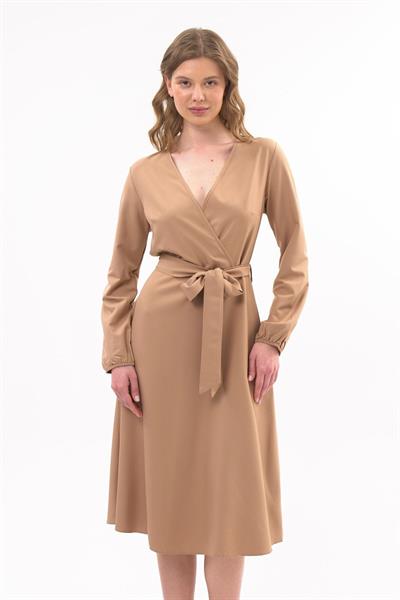Apsen Kadın Camel Bağlama Detaylı Kruvaze Yaka Midi Boy Elbise 4338-110