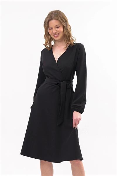 Apsen Kadın Siyah  Bağlama Detaylı Kruvaze Yaka Midi Boy Elbise 4338-110