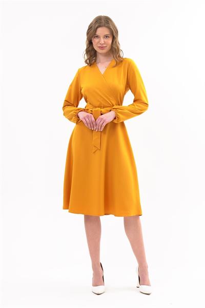 Apsen Kadın Hardal Bağlama Detaylı Kruvaze Yaka Midi Boy Elbise 4338-110