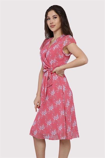 Kadın Bağlama Detaylı Kruvaze Yaka Midi Boy Desenli Şifon Elbise 4300/110