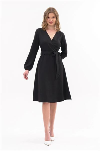 Apsen Kadın Siyah  Bağlama Detaylı Kruvaze Yaka Midi Boy Elbise 4338-110