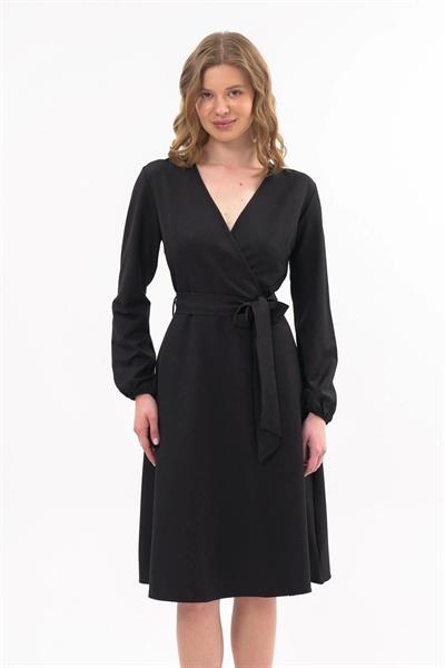 Apsen Kadın Siyah  Bağlama Detaylı Kruvaze Yaka Midi Boy Elbise 4338-110