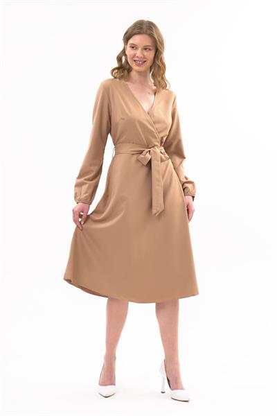 Apsen Kadın Camel Bağlama Detaylı Kruvaze Yaka Midi Boy Elbise 4338-110