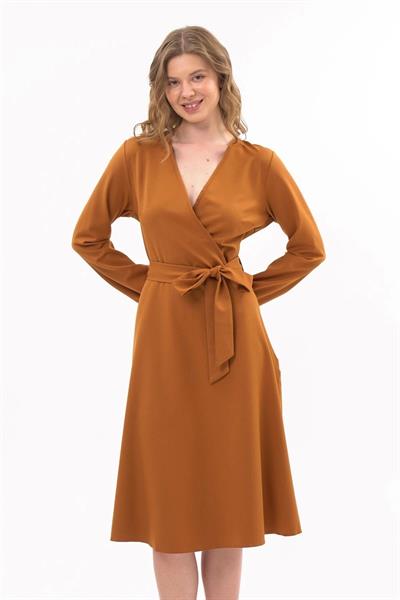 Apsen Kadın Taba Bağlama Detaylı Kruvaze Yaka Midi Boy Elbise 4338-110