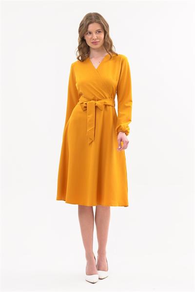 Apsen Kadın Hardal Bağlama Detaylı Kruvaze Yaka Midi Boy Elbise 4338-110