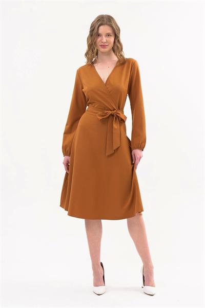 Apsen Kadın Taba Bağlama Detaylı Kruvaze Yaka Midi Boy Elbise 4338-110