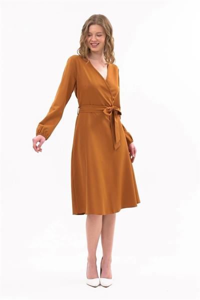 Apsen Kadın Taba Bağlama Detaylı Kruvaze Yaka Midi Boy Elbise 4338-110