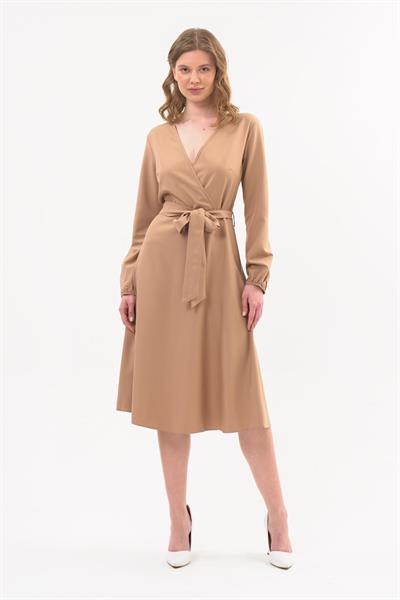 Apsen Kadın Camel Bağlama Detaylı Kruvaze Yaka Midi Boy Elbise 4338-110