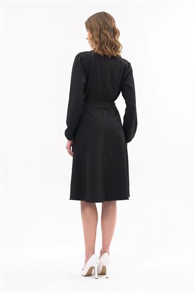Apsen Kadın Siyah  Bağlama Detaylı Kruvaze Yaka Midi Boy Elbise 4338-110