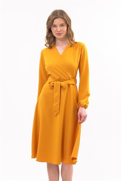 Apsen Kadın Hardal Bağlama Detaylı Kruvaze Yaka Midi Boy Elbise 4338-110