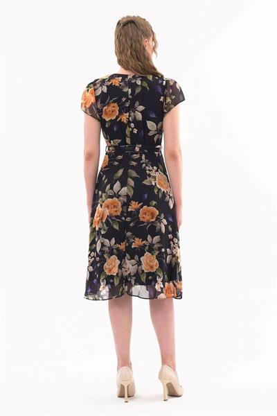 Apsen Kadın Renk Hardal Bağlama Detaylı Kruvaze Yaka Midi Boy Desenli Şifon Elbise 4300-110 