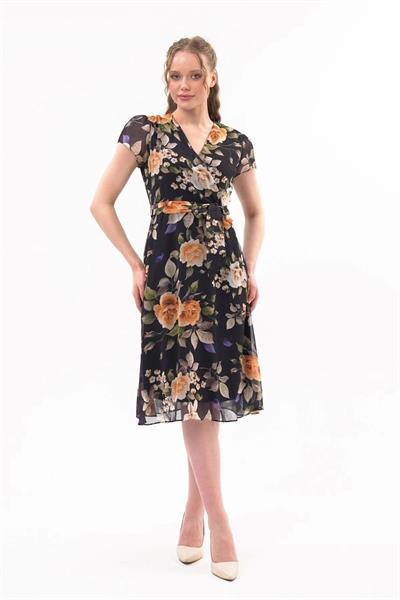 Apsen Kadın Renk Hardal Bağlama Detaylı Kruvaze Yaka Midi Boy Desenli Şifon Elbise 4300-110 