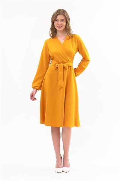 Apsen Kadın Hardal Bağlama Detaylı Kruvaze Yaka Midi Boy Elbise 4338-110