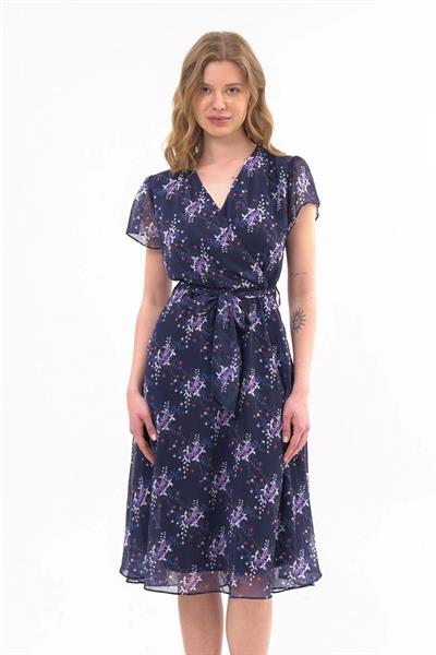 Kadın Bağlama Detaylı Kruvaze Yaka Midi Boy Desenli Şifon Elbise 4300/110