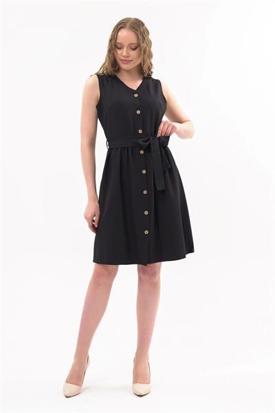 Apsen Kadın Siyah Bağlama Detaylı V Yaka Düğmeli Kolsuz Elbise 4320-95