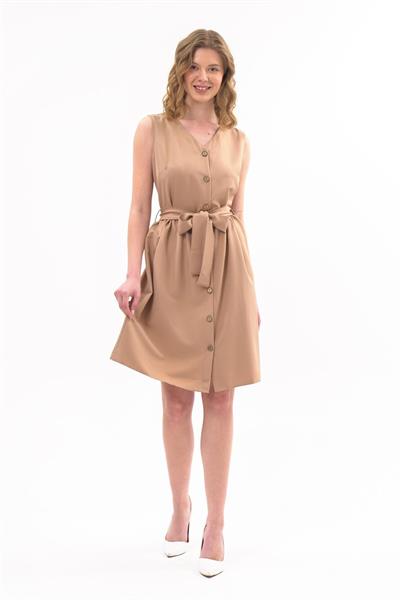 Apsen Kadın Camel Bağlama Detaylı V Yaka Düğmeli Kolsuz Elbise 4320-95