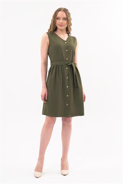 Apsen  Kadın Haki Bağlama Detaylı V Yaka Düğmeli Kolsuz Elbise 4320-95