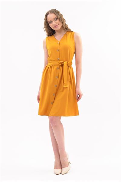 Apsen Kadın Hardal Bağlama Detaylı V Yaka Düğmeli Kolsuz Elbise 4320-95 