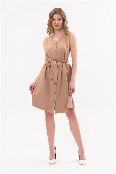 Apsen Kadın Camel Bağlama Detaylı V Yaka Düğmeli Kolsuz Elbise 4320-95