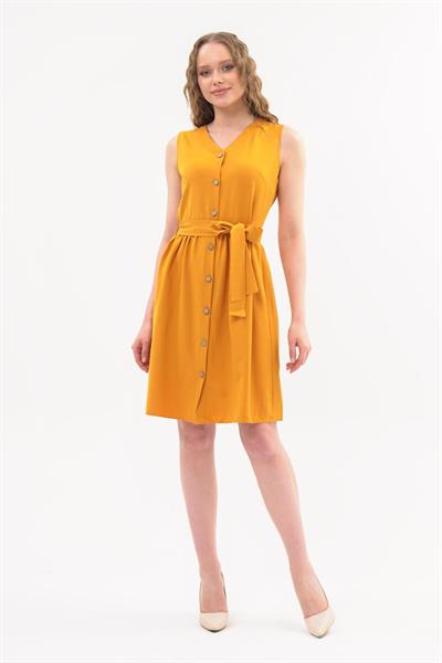 Apsen Kadın Hardal Bağlama Detaylı V Yaka Düğmeli Kolsuz Elbise 4320-95 