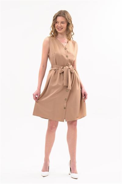 Apsen Kadın Camel Bağlama Detaylı V Yaka Düğmeli Kolsuz Elbise 4320-95