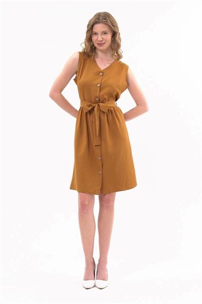 Apsen  Kadın Taba Bağlama Detaylı V Yaka Düğmeli Kolsuz Elbise 4320-95