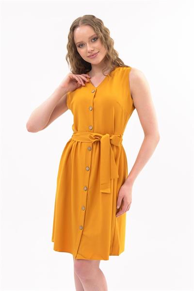 Apsen Kadın Hardal Bağlama Detaylı V Yaka Düğmeli Kolsuz Elbise 4320-95 