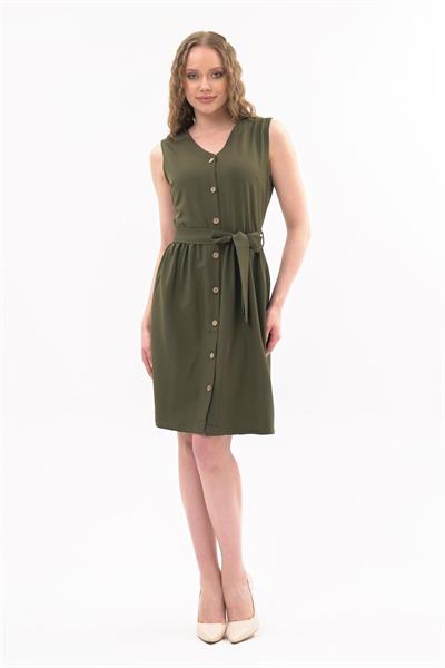 Apsen  Kadın Haki Bağlama Detaylı V Yaka Düğmeli Kolsuz Elbise 4320-95