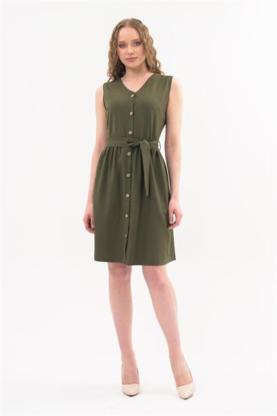 Apsen  Kadın Haki Bağlama Detaylı V Yaka Düğmeli Kolsuz Elbise 4320-95