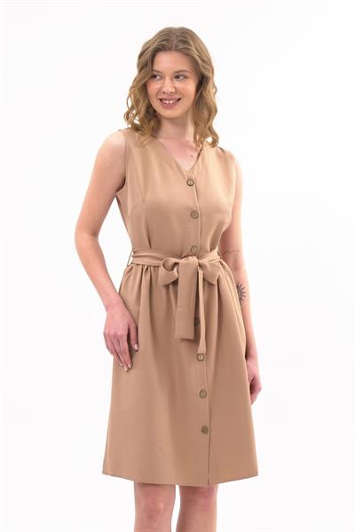 Apsen Kadın Camel Bağlama Detaylı V Yaka Düğmeli Kolsuz Elbise 4320-95